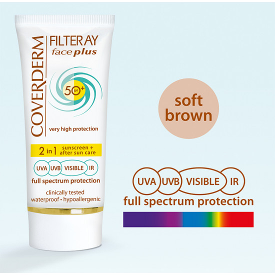Coverderm Filteray Face Plus SPF50 Tinted Αντηλιακή Κρέμα Προσώπου & After Sun (2σε1) για Ξηρές/Ευαίσθητες Επιδερμίδες, Απόχρωση Soft Brown, 50ml