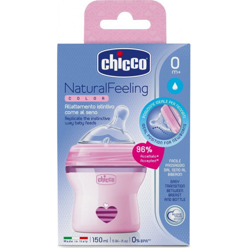 Chicco Πλαστικό Μπιμπερό Natural Feeling Κατά των Κολικών με Θηλή Σιλικόνης 150ml για 0+ μηνών Pink Star