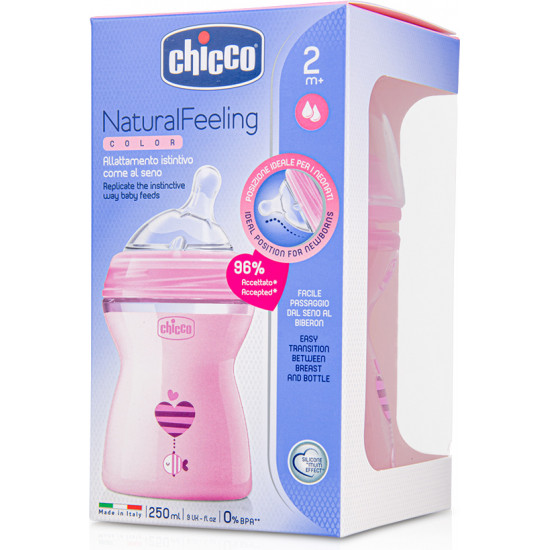 Chicco Πλαστικό Μπιμπερό Natural Feeling Κατά των Κολικών με Θηλή Σιλικόνης 250ml για 2+ μηνών Pink Star