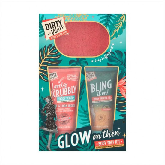 Dirty Works Glow On Then Body Prer Kit Lovely Scrubbly Body Scrub 150ml & Bring it On Body Shimmer Gel 150ml & Body Buffing Mitt, 3 Τμχ