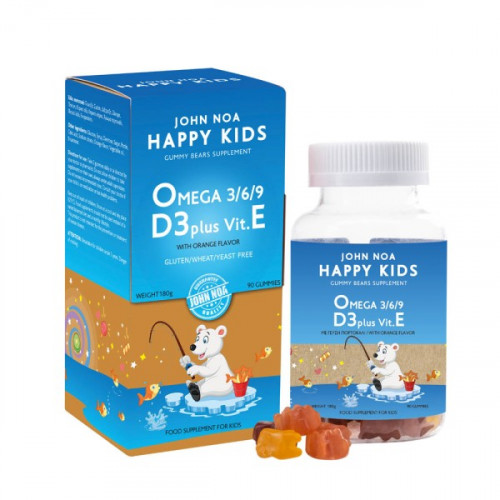 JOHN NOA Happy Kids Omega 3/6/9 D3 Plus Vit.E Gummy Bears Συμπλήρωμα Διατροφής για Παιδιά 3+ Ετών Γεύση Πορτοκάλι, 90 ζελεδάκια