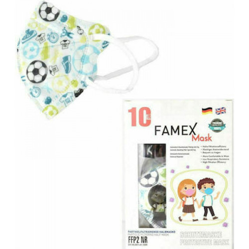 Famex Μάσκα Προστασίας FFP2 NR για Παιδιά σε Λευκό χρώμα με Μπάλες & Αθλήματα 10τμχ
