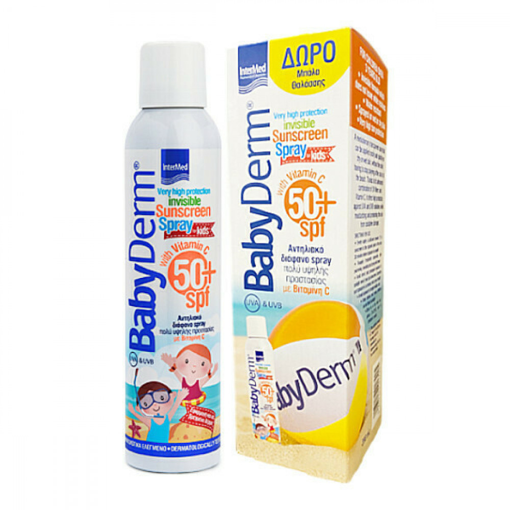 Intermed Αδιάβροχο Παιδικό Αντηλιακό Spray Babyderm για Πρόσωπο & Σώμα SPF50 200mL+ Δώρο Μπάλα Θαλάσσης