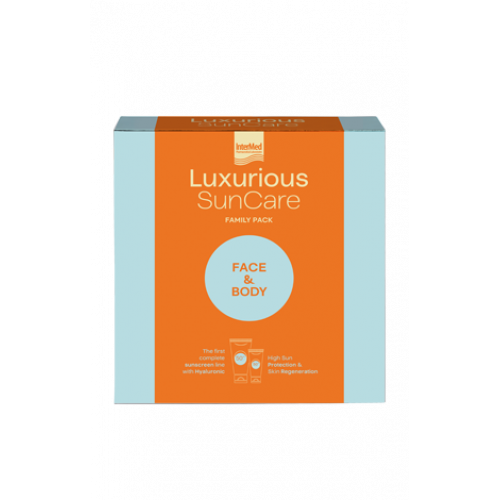 INTERMED Pack Luxurious Family Pack, Αντηλιακή κρέμα Προσώπου χωρίς χρώμα με SPF50 75mL & Αντηλιακή κρέμα Σώματος με SPF50 200mL