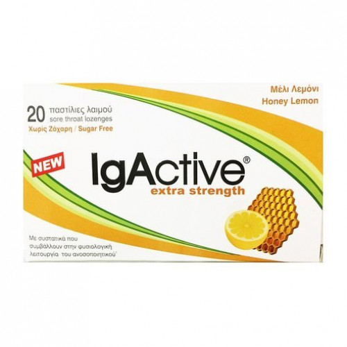 IgActive Παστίλιες Λαιμού Honey & Lemon Extra Strength Sugar Free 20 Τεμάχια
