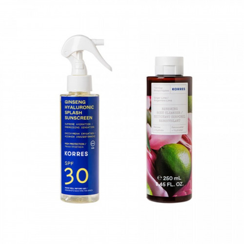Korres Promo Ginseng Hyaluronic Sunscreen Splash SPF30 150ml & Renewing Body Cleanser, Ginger & Lime 250mL