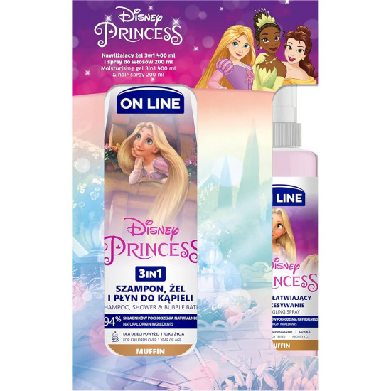 ON LINE Disney Princess Σετ με 3 σε 1 Shampoo, Shower & bubble Bath 400mL & Spray ξεμπερδέματος για τα μαλλιά 200mL με Άρωμα Muffin